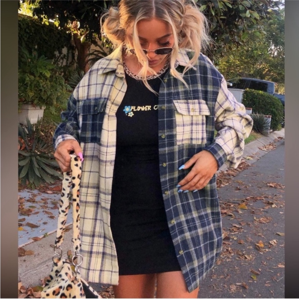 Princess Polly Checkered Overshirt in Blue and Cream
